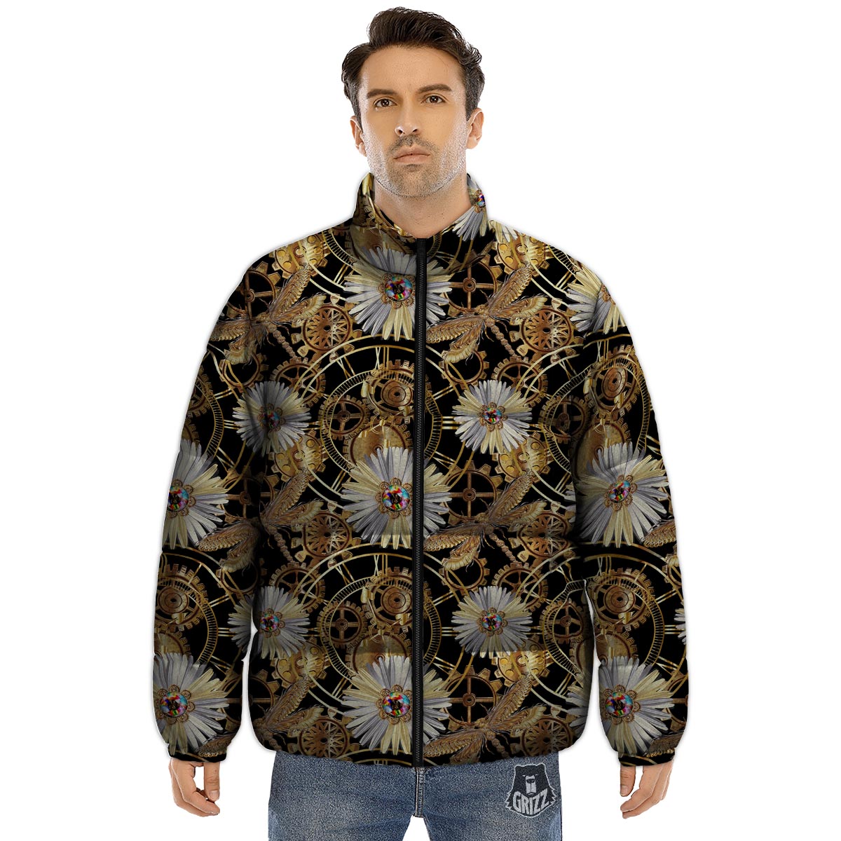 Chamomile Steampunk Print Pattern Puffer Jacket-grizzshop