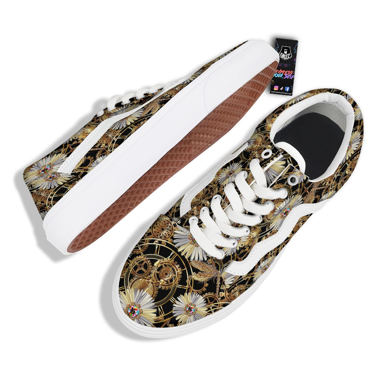 Chamomile Steampunk Print Pattern Skate Shoes-grizzshop