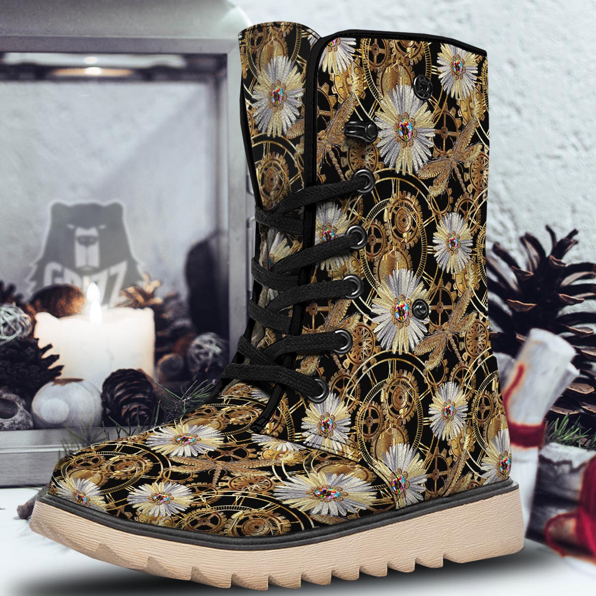 Chamomile Steampunk Print Pattern Snow Boots-grizzshop