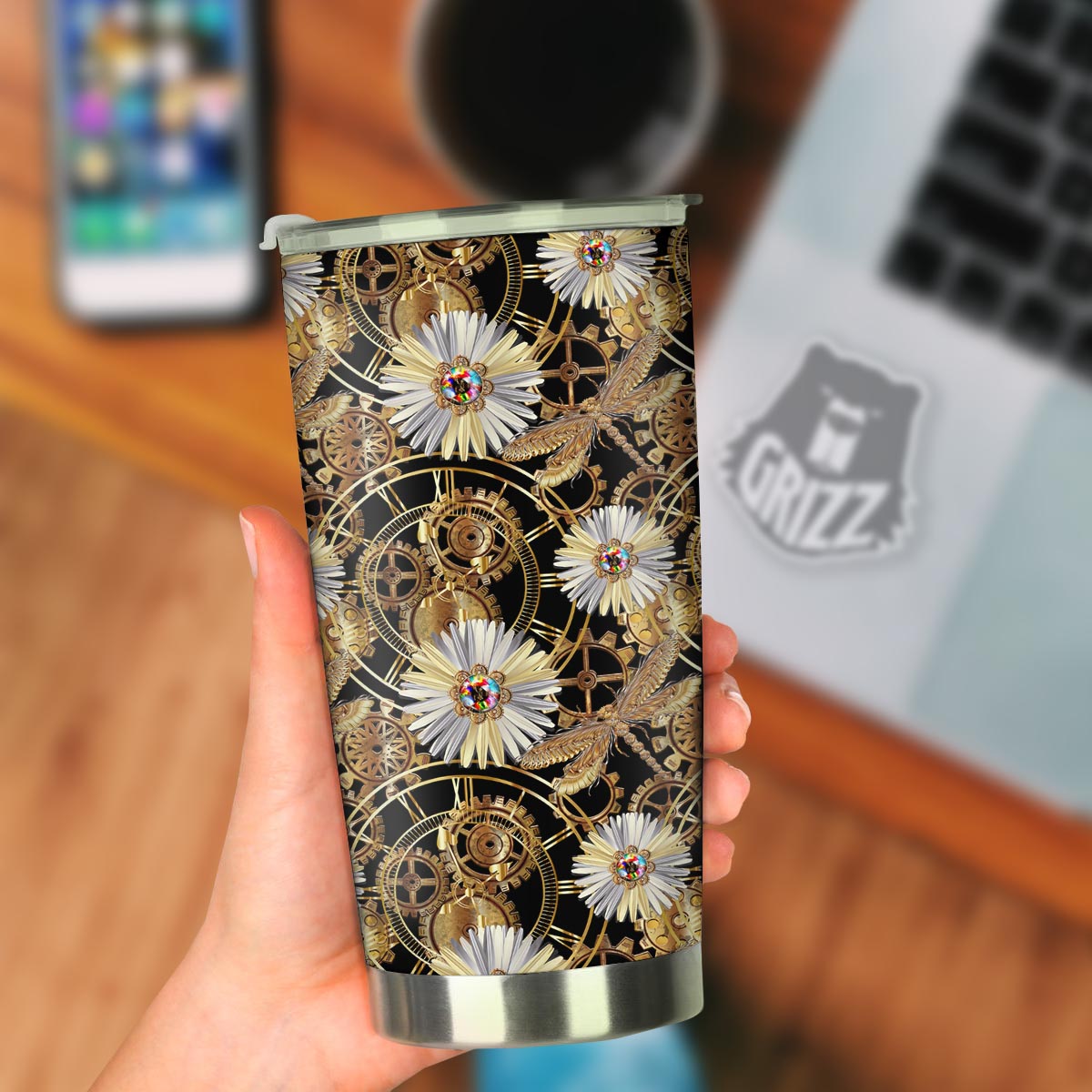 Chamomile Steampunk Print Pattern Tumbler-grizzshop