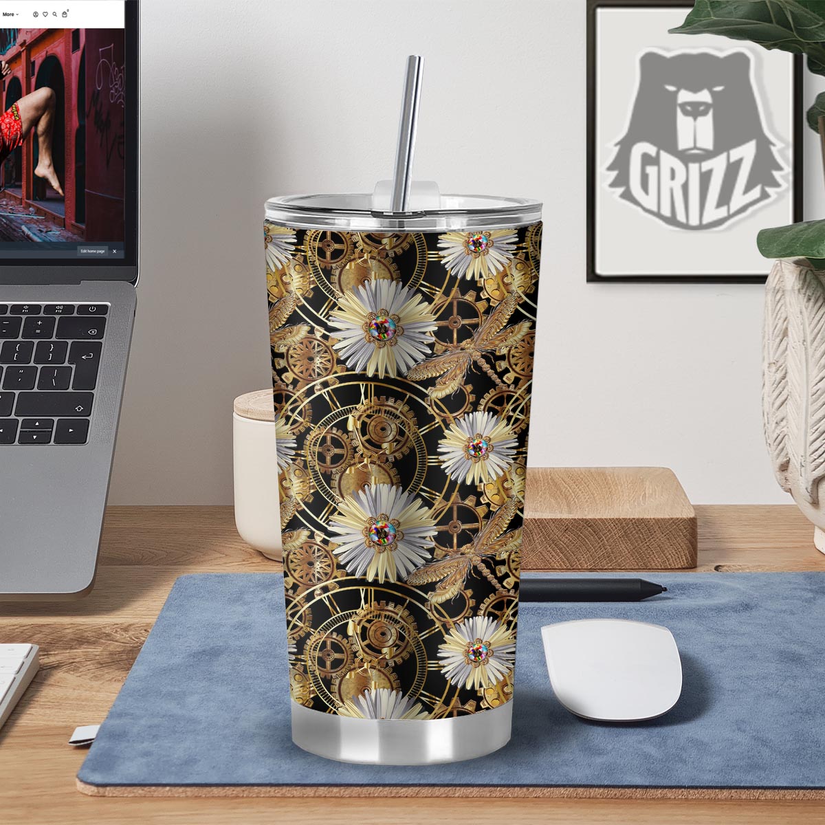 Chamomile Steampunk Print Pattern Tumbler-grizzshop