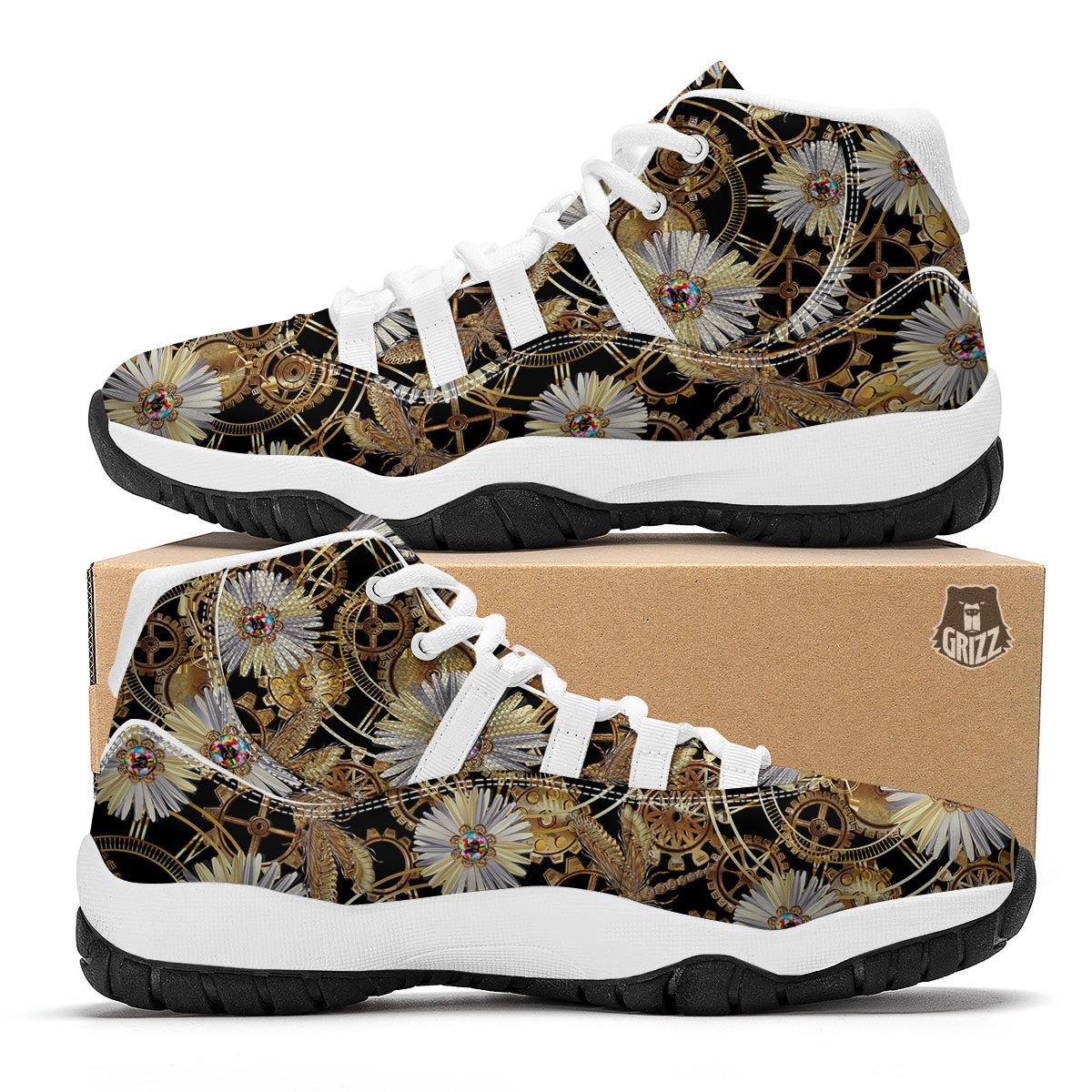 Chamomile Steampunk Print Pattern White Bball Shoes-grizzshop