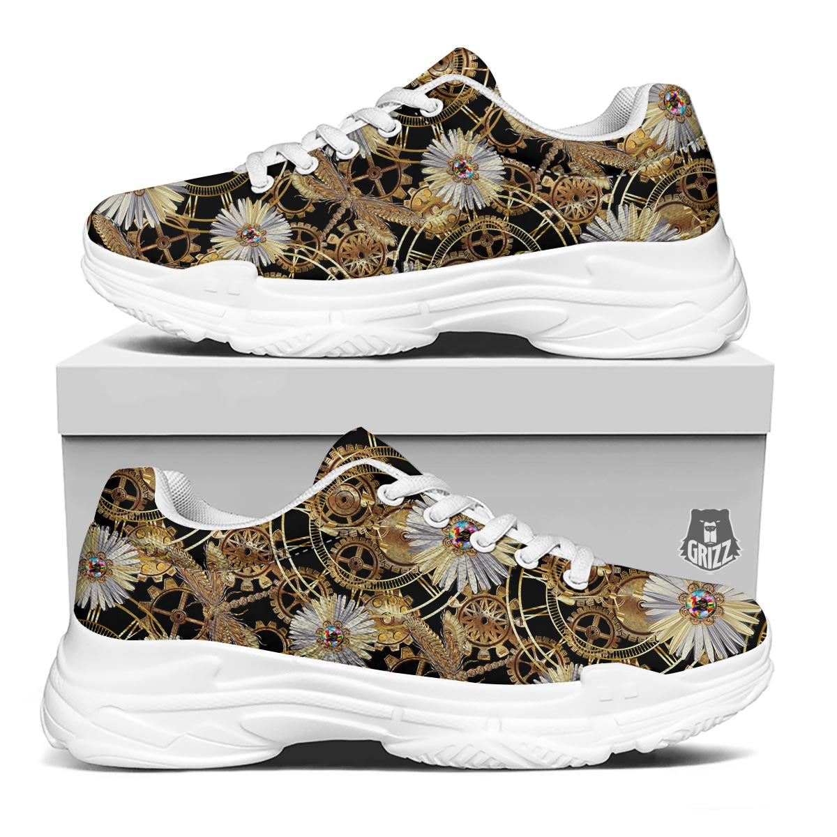 Chamomile Steampunk Print Pattern White Chunky Shoes-grizzshop