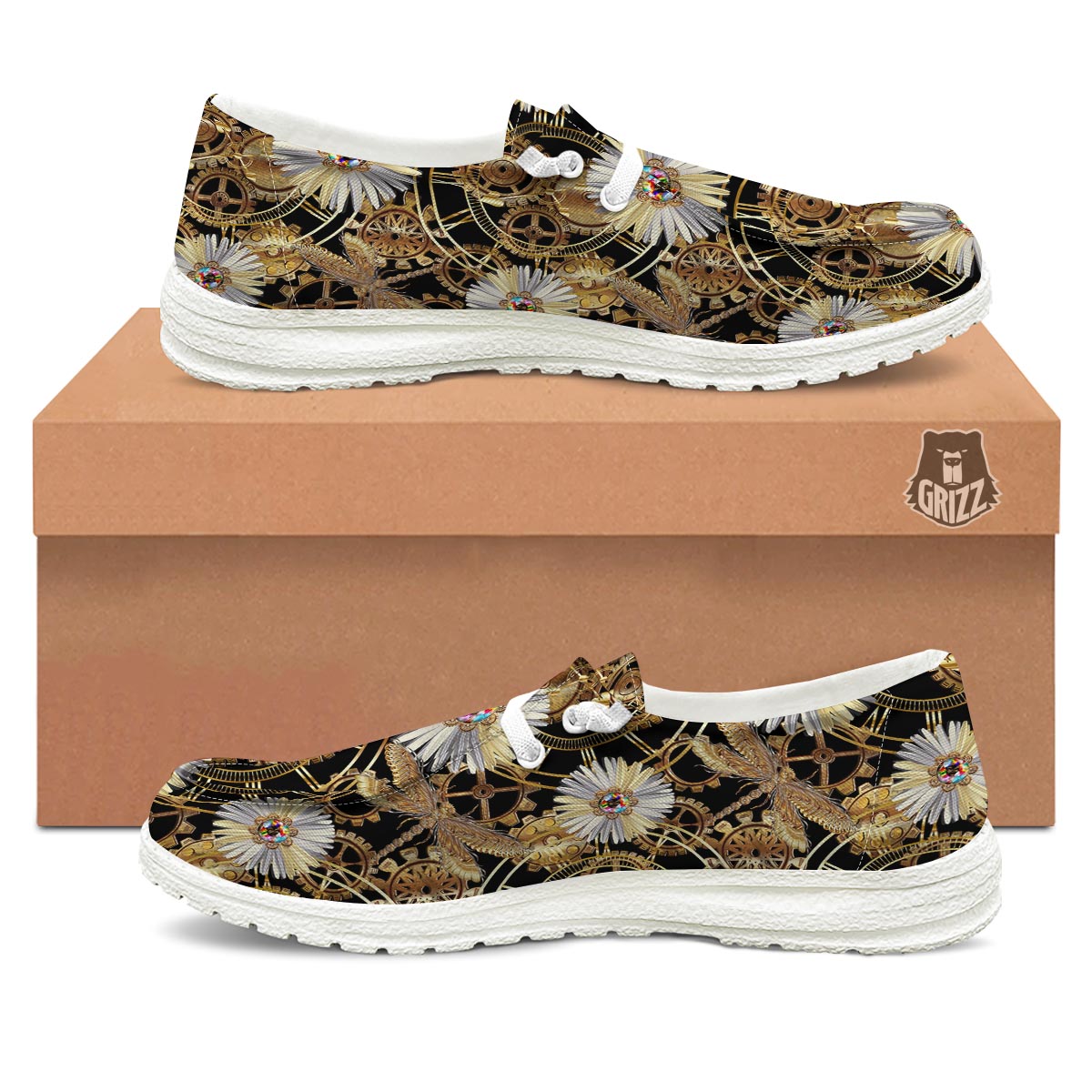Chamomile Steampunk Print Pattern White Loafers-grizzshop