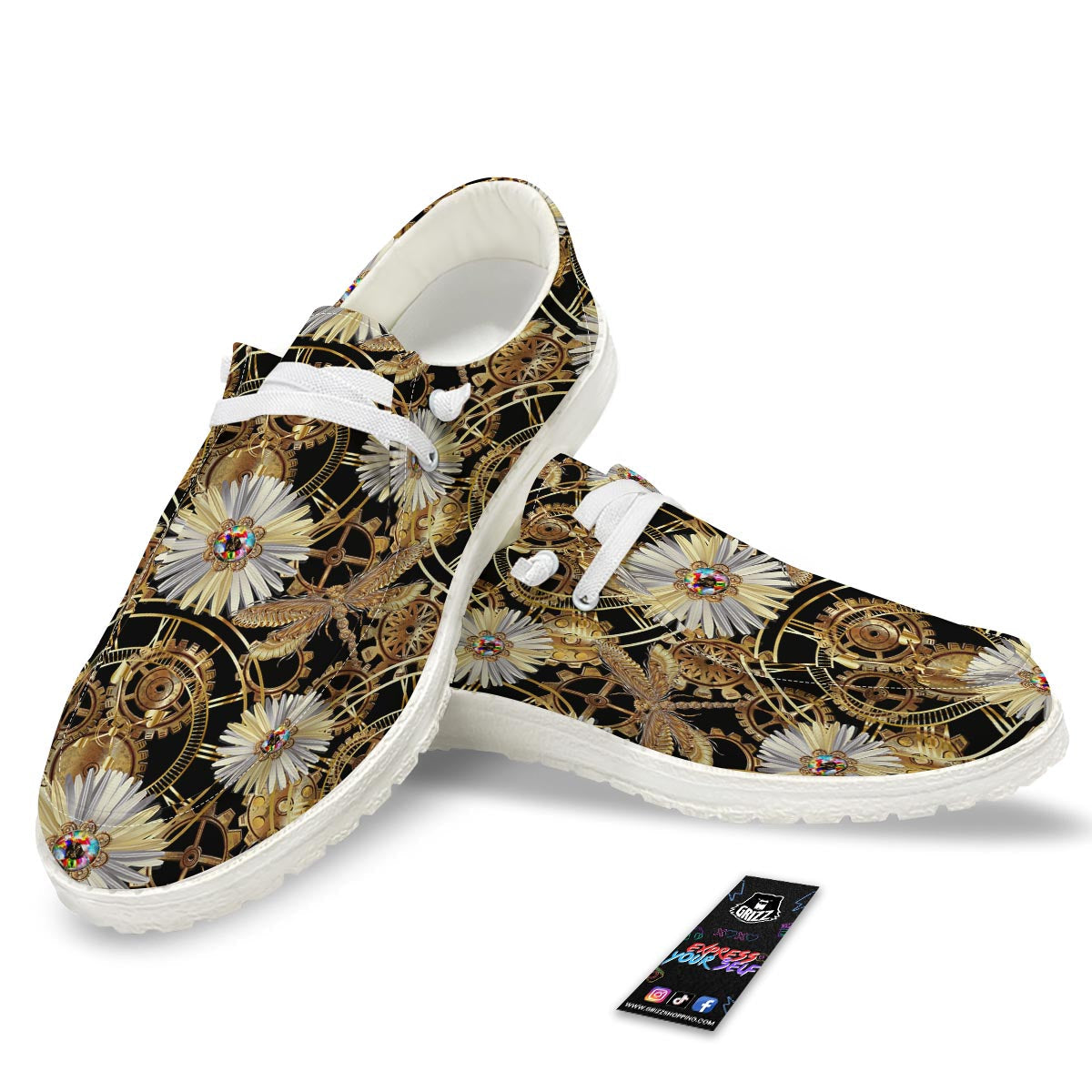 Chamomile Steampunk Print Pattern White Loafers-grizzshop