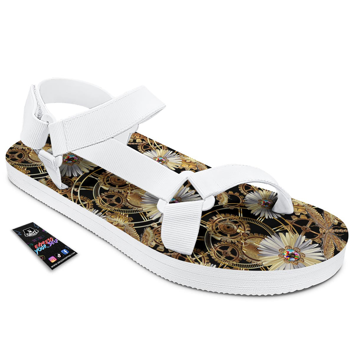 Chamomile Steampunk Print Pattern White Open Toe Sandals-grizzshop