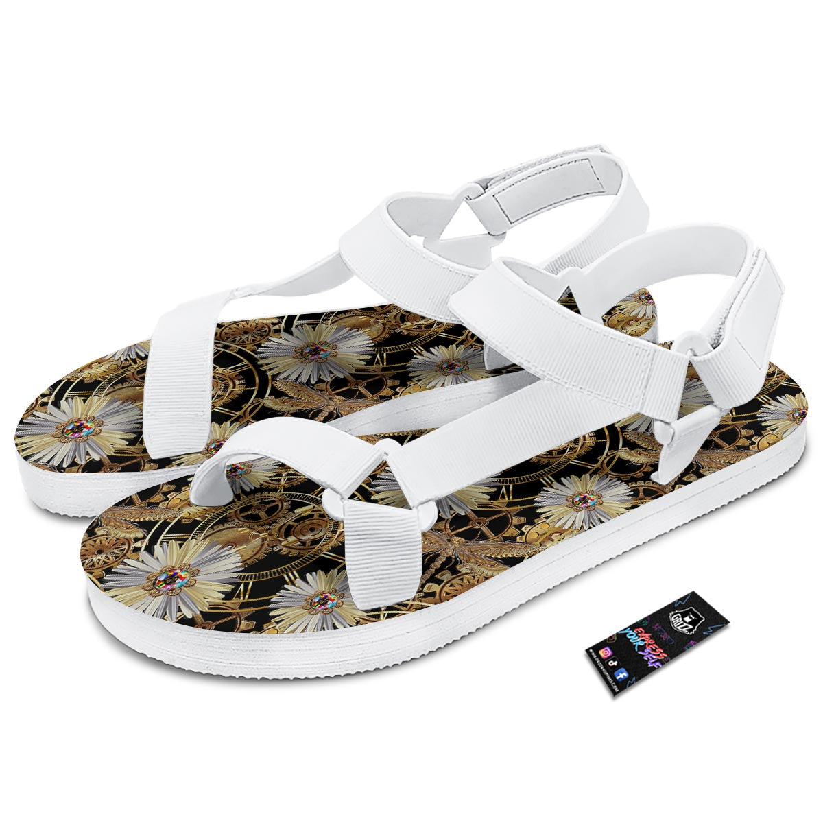 Chamomile Steampunk Print Pattern White Open Toe Sandals-grizzshop