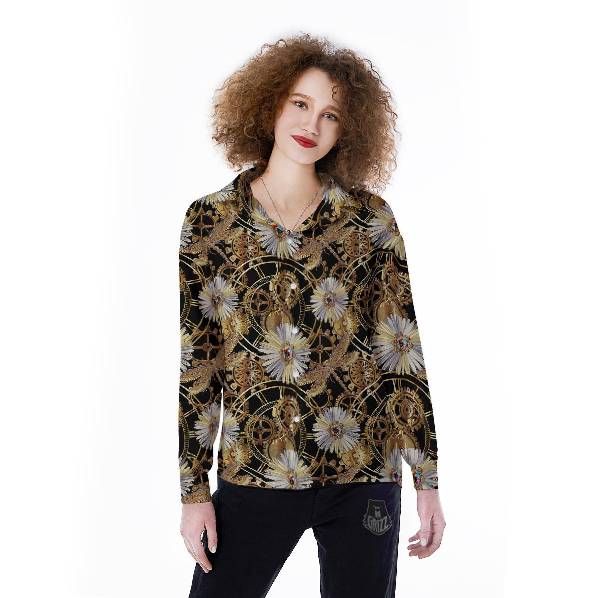 Chamomile Steampunk Print Pattern Women's Long Sleeve Shirts-grizzshop