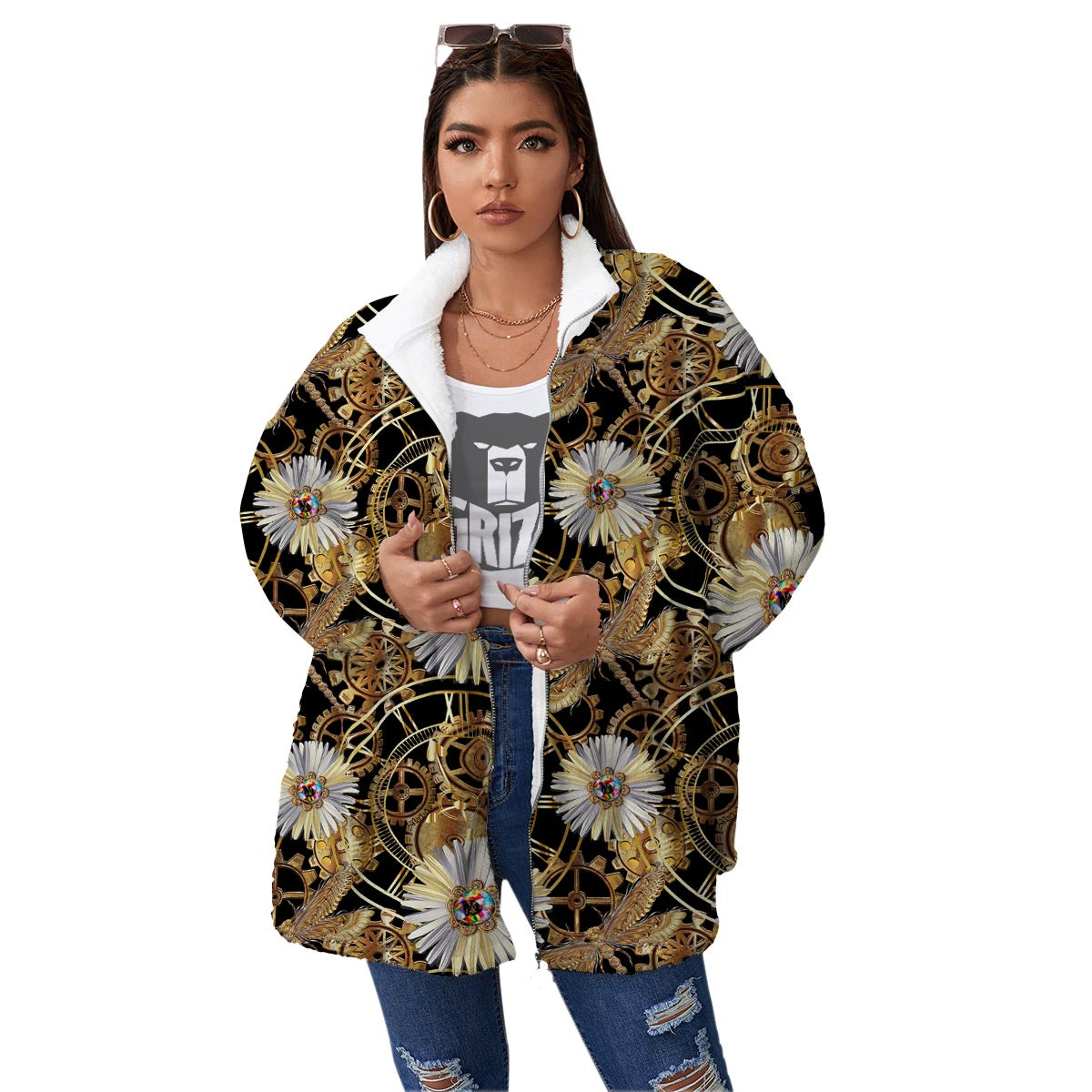 Chamomile Steampunk Print Pattern Women's Sherpa Jacket-grizzshop
