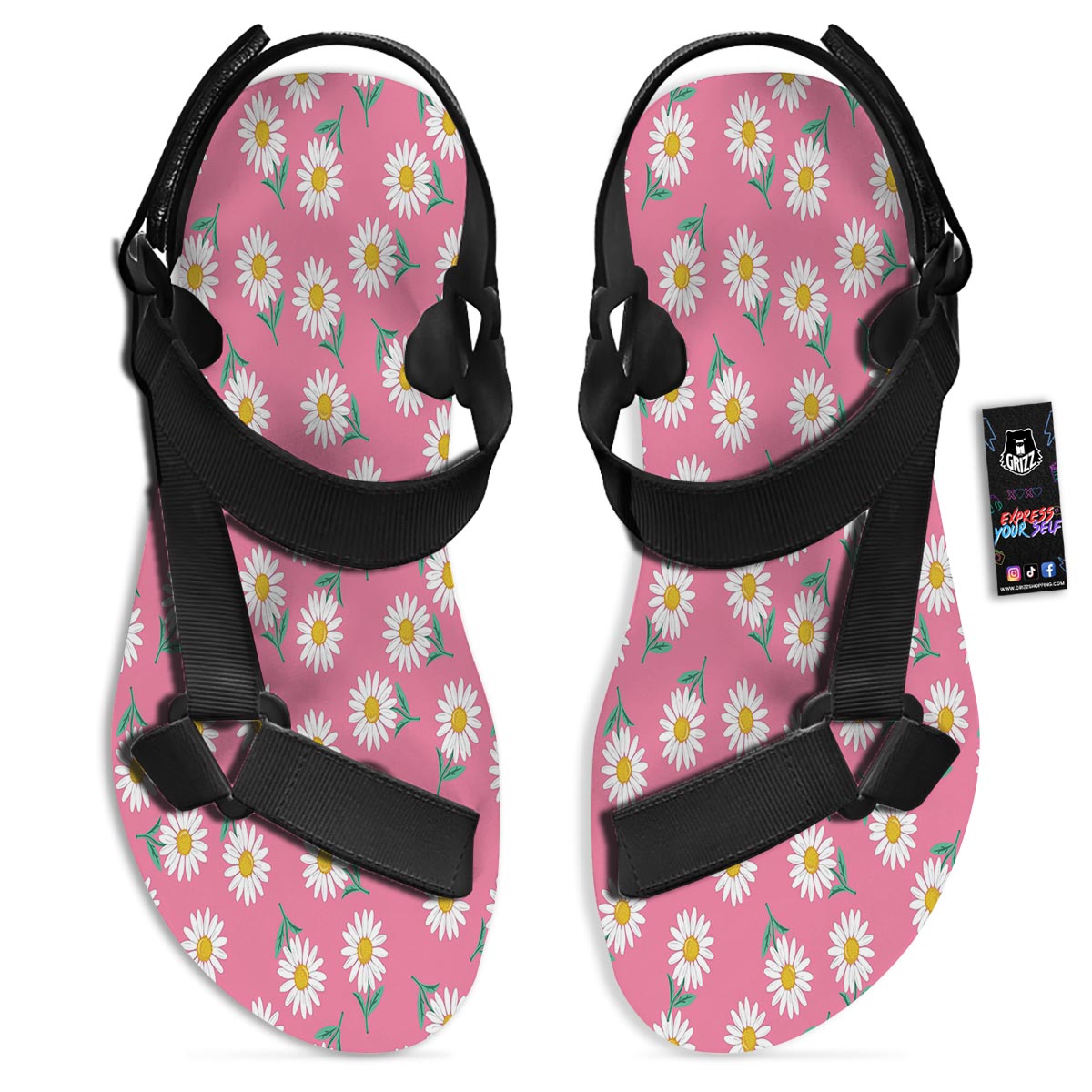Chamomile Sunflower Print Pattern Black Open Toe Sandals-grizzshop