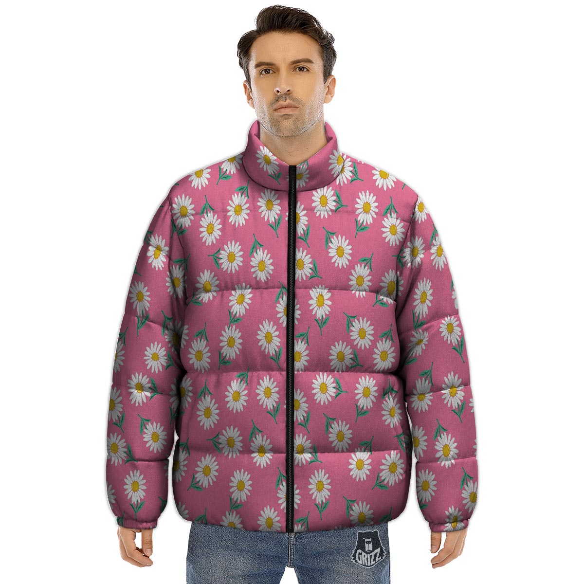 Chamomile Sunflower Print Pattern Puffer Jacket-grizzshop