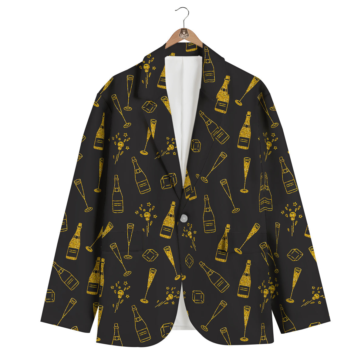 Champagne Gold Glitter Pattern Print Men's Blazer-grizzshop