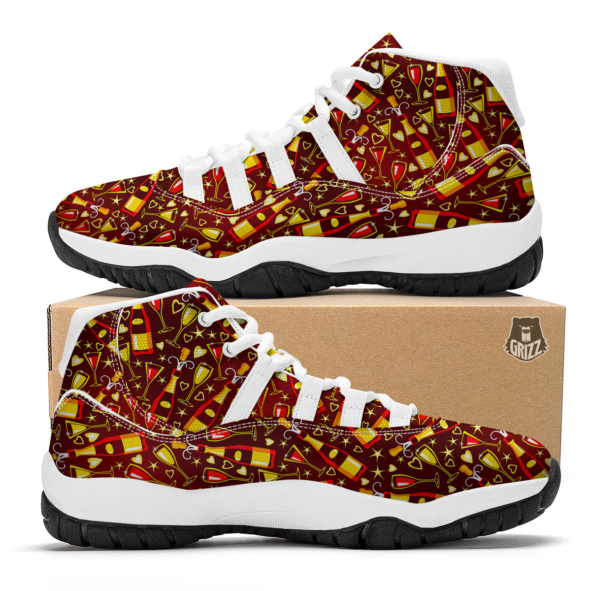 Champagne Pattern Print White Bball Shoes-grizzshop