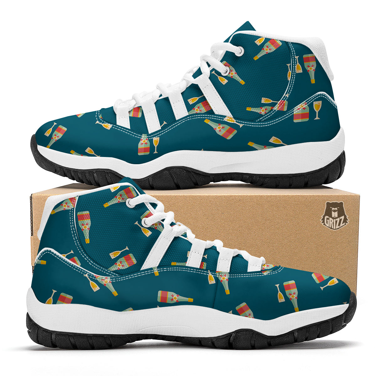 Champagne Print Pattern White Bball Shoes-grizzshop