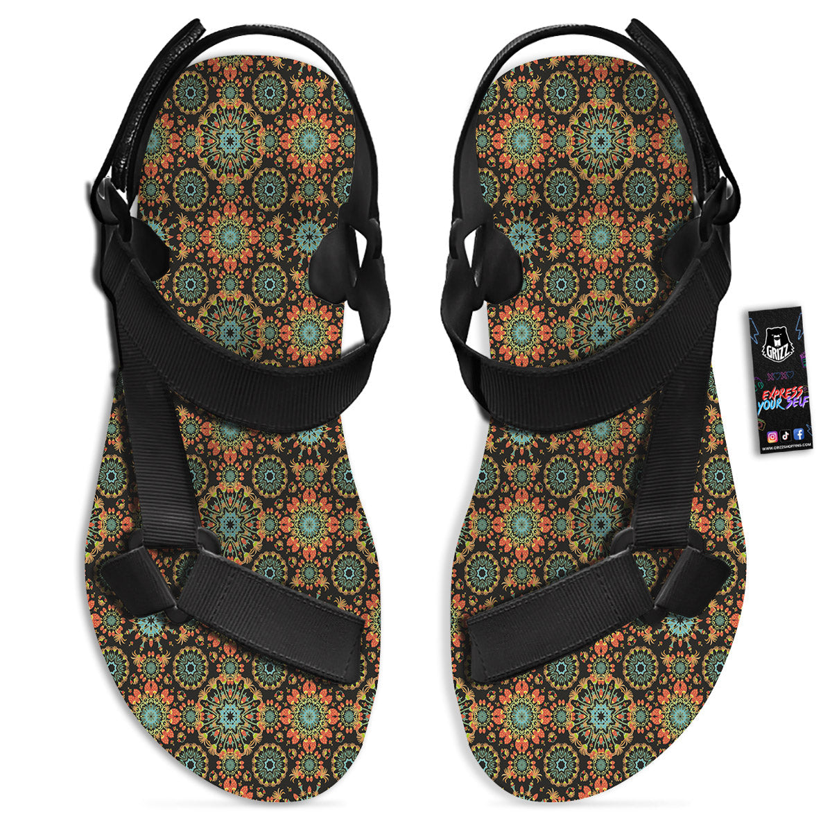 Chaotic Boho Print Pattern Black Open Toe Sandals-grizzshop