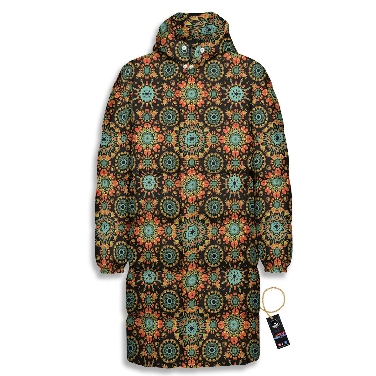 Chaotic Boho Print Pattern Long Down Jacket-grizzshop
