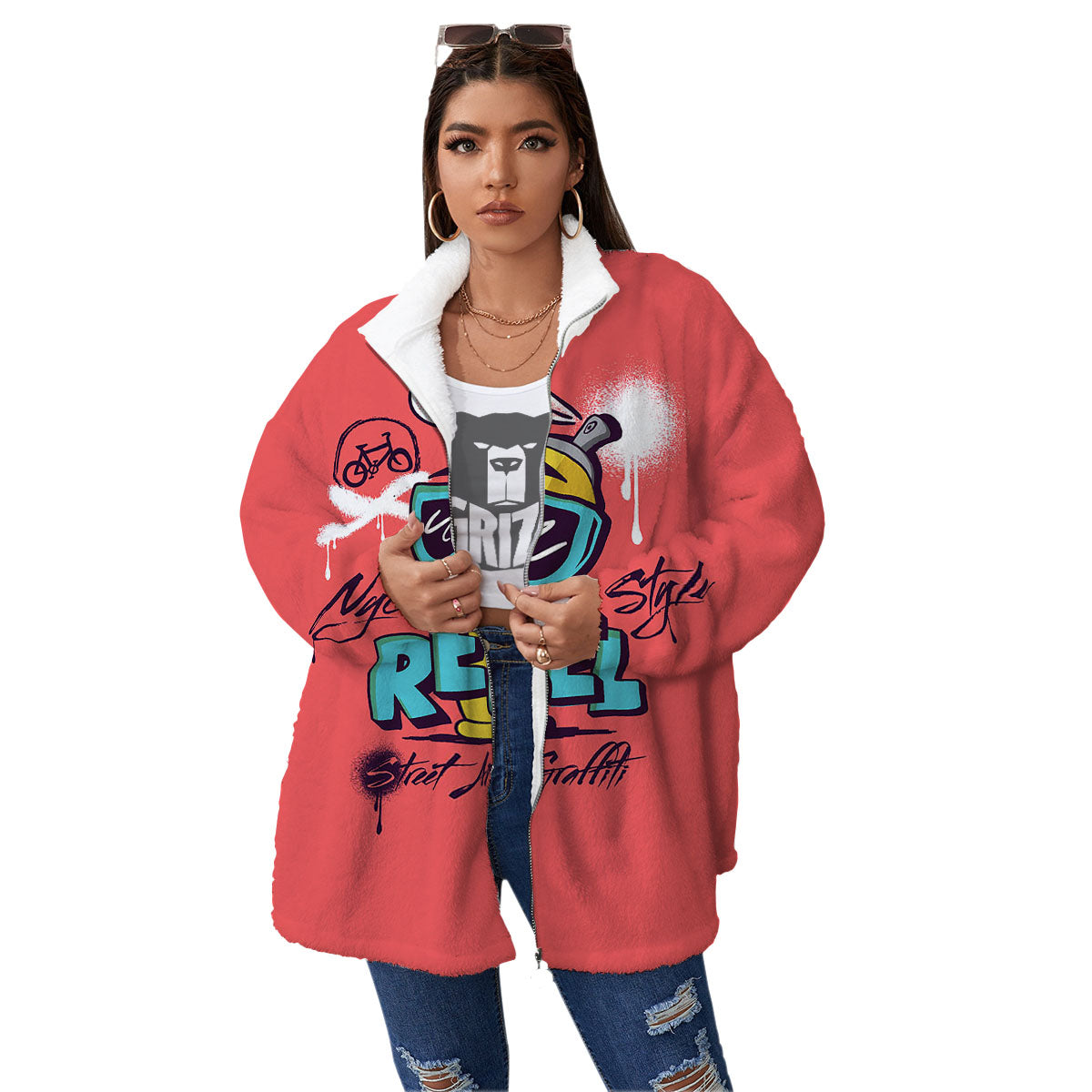 Characters Graffiti Cartoon Print Women's Sherpa Jacket-grizzshop