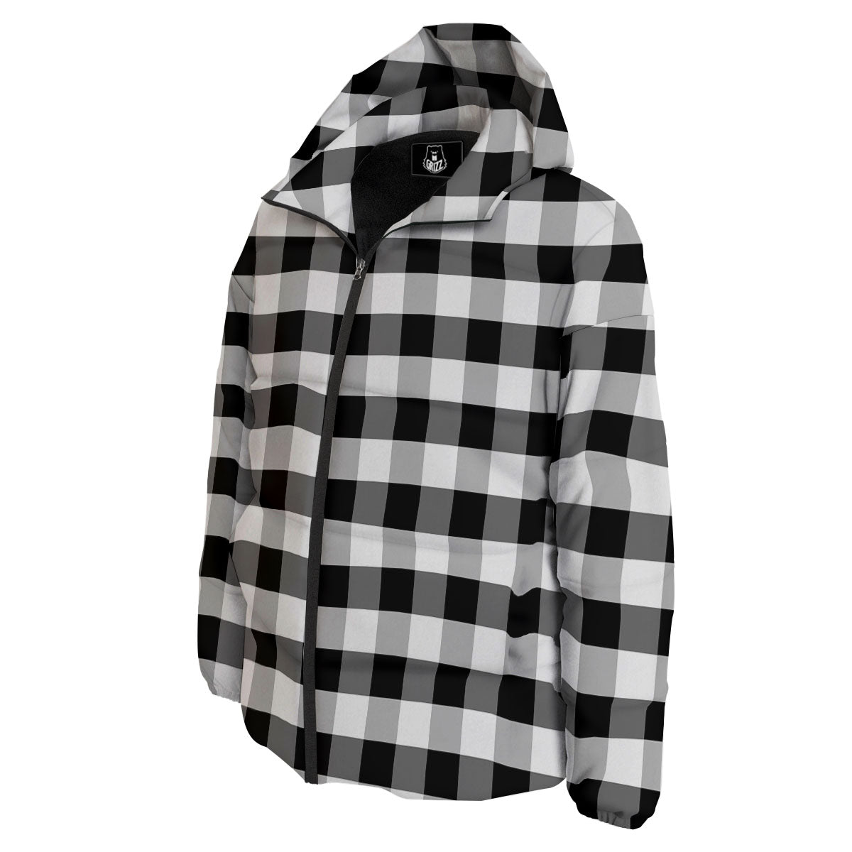 Check Black And Grey Print Pattern Down Jacket-grizzshop