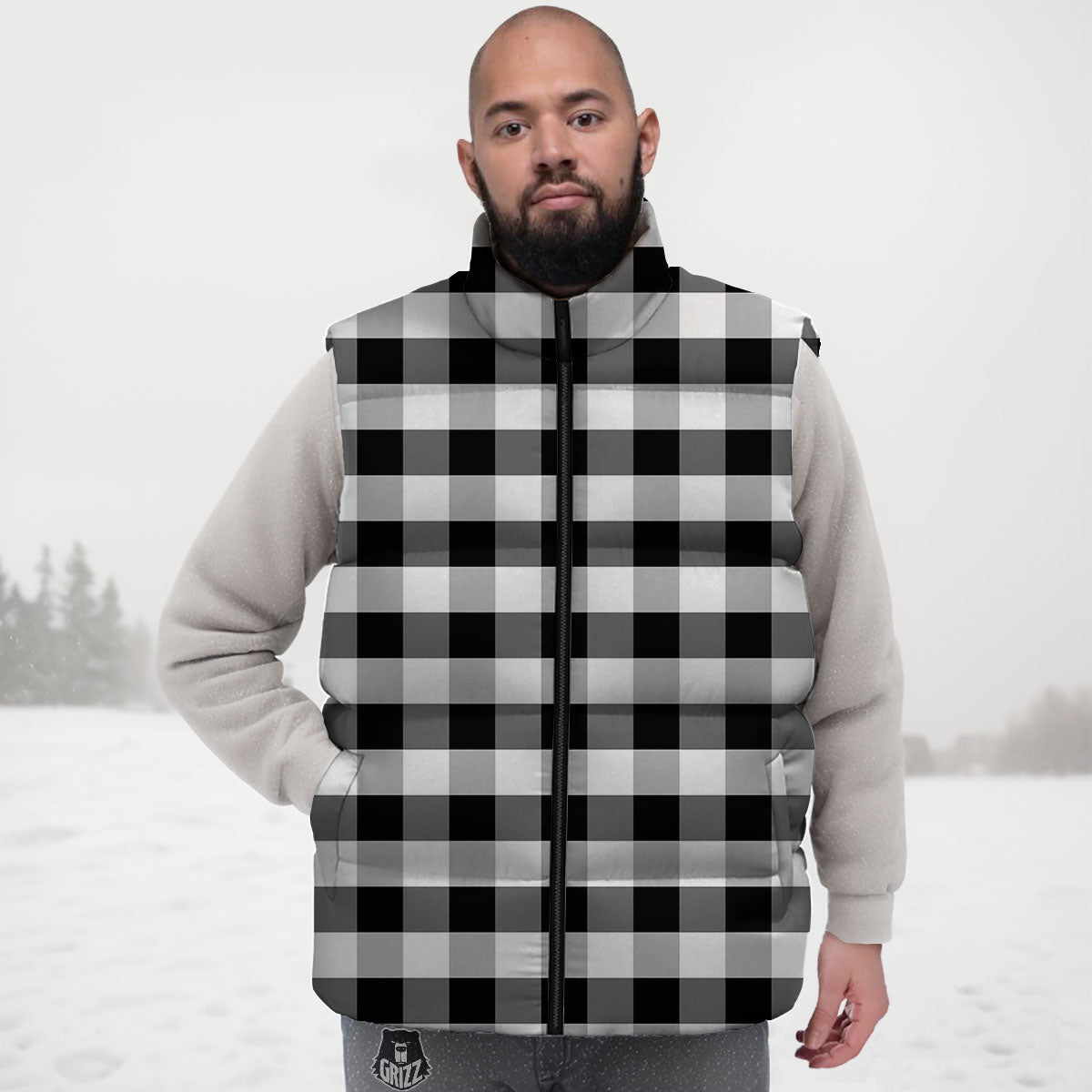 Check Black And Grey Print Pattern Down Vest