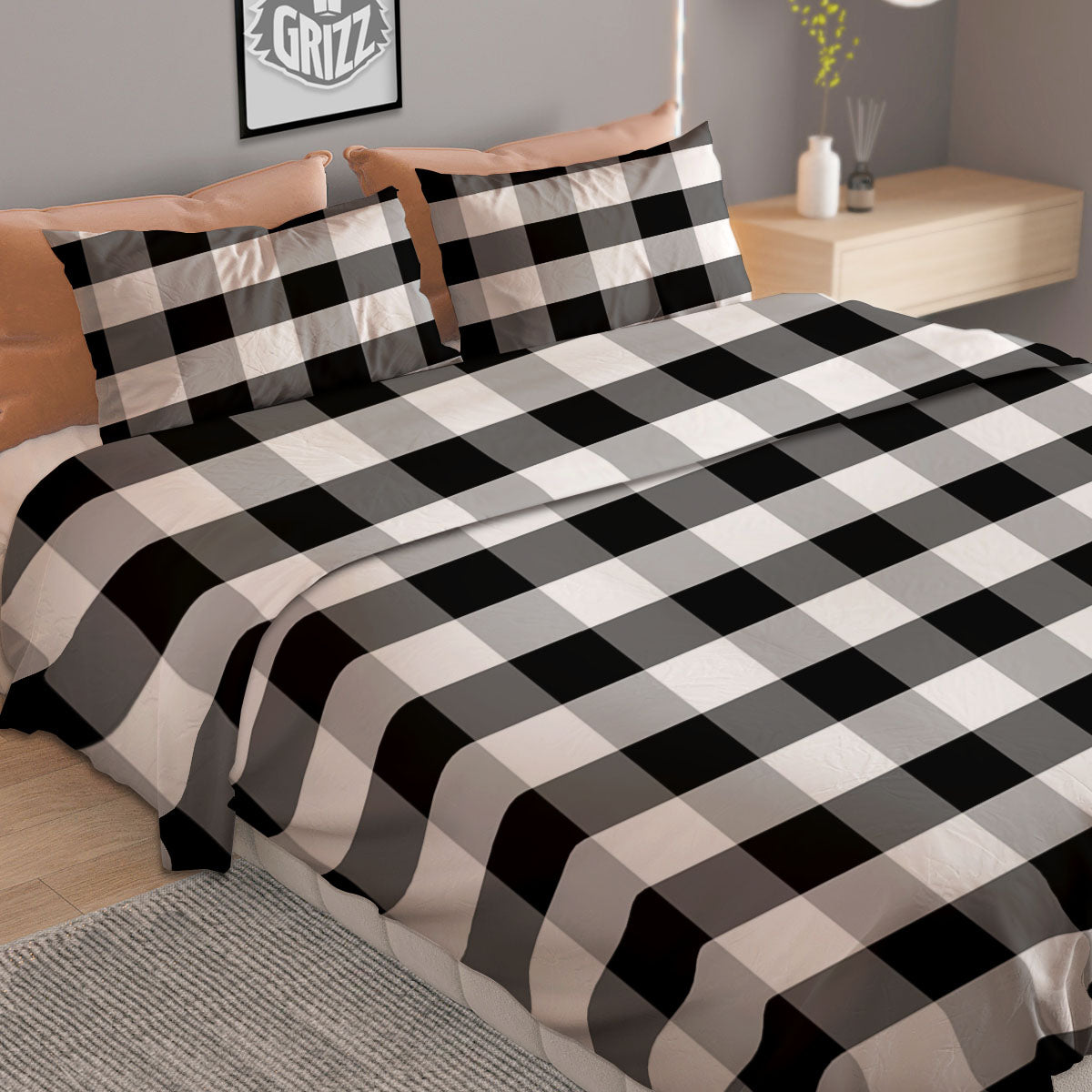 Check Black And Grey Print Pattern Duvet Cover Bedding Set