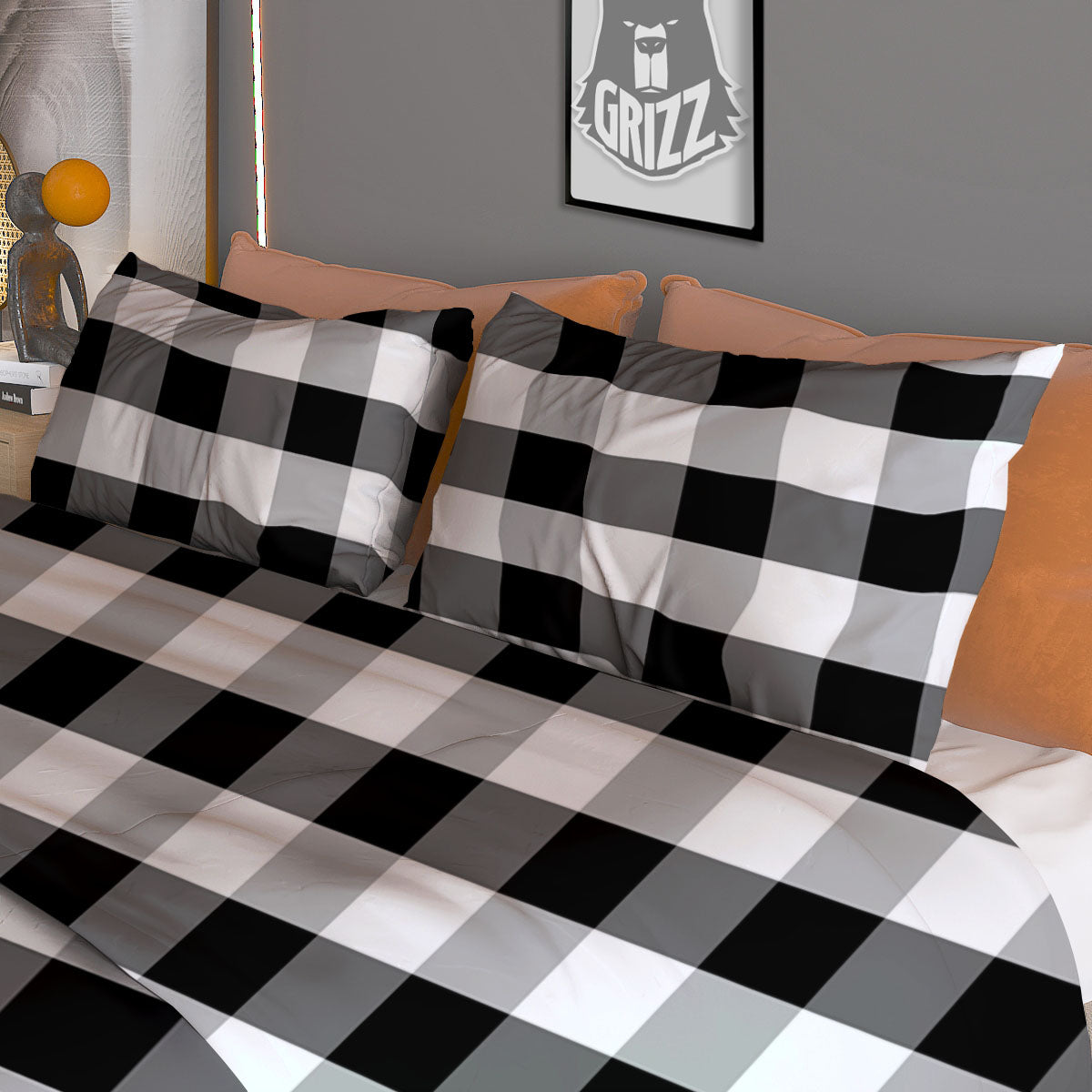Check Black And Grey Print Pattern Duvet Cover Bedding Set