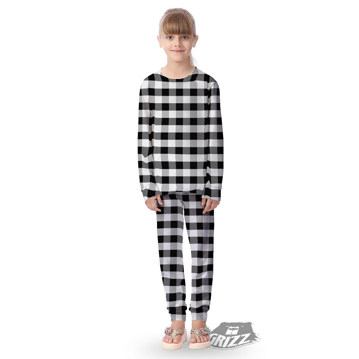 Check Black And Grey Print Pattern Kid's Pajamas-grizzshop