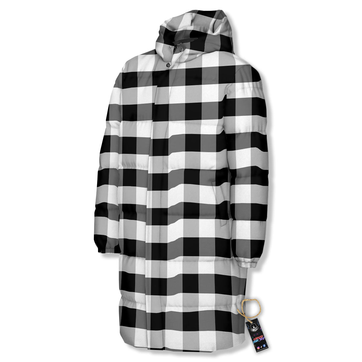 Check Black And Grey Print Pattern Long Down Jacket-grizzshop