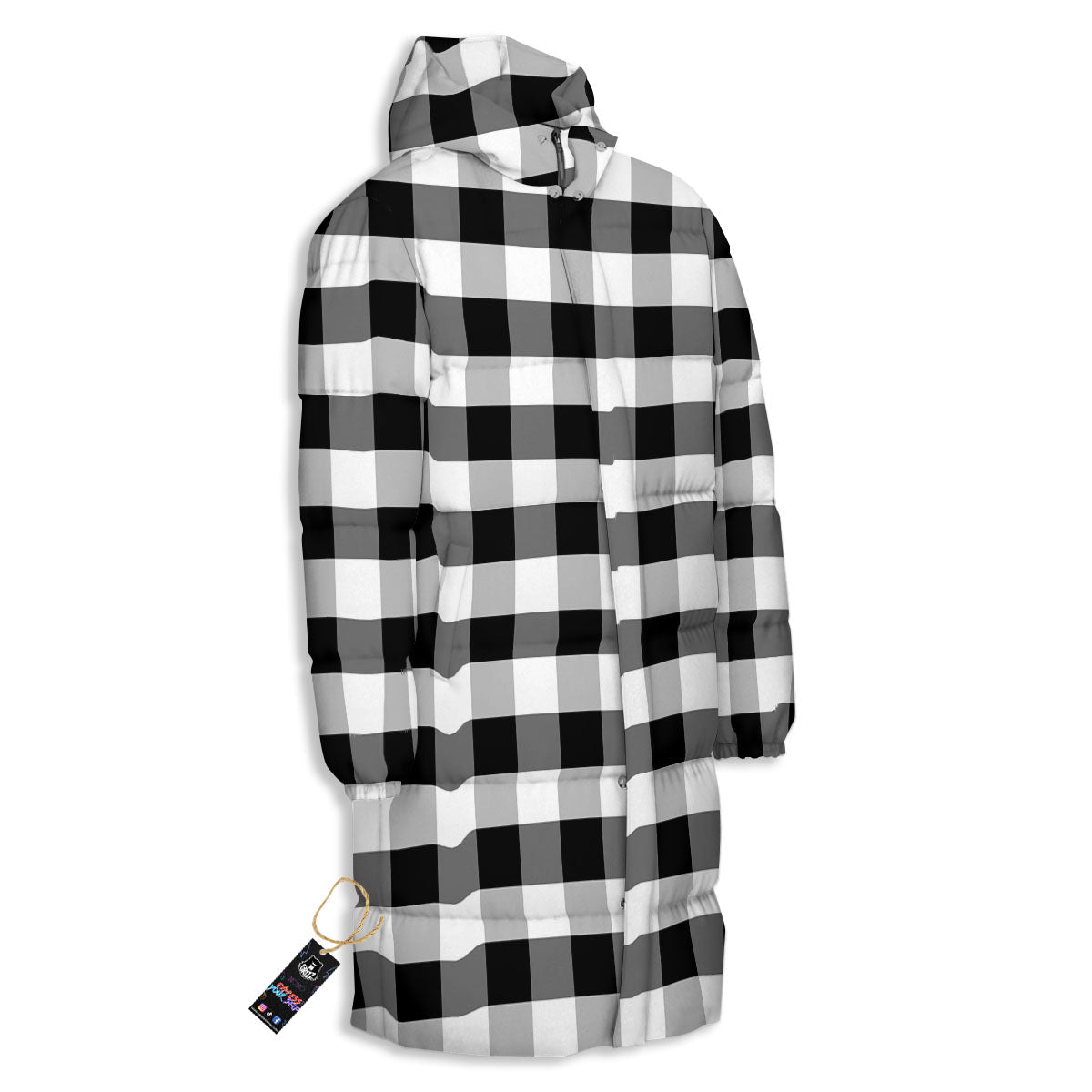 Check Black And Grey Print Pattern Long Down Jacket-grizzshop