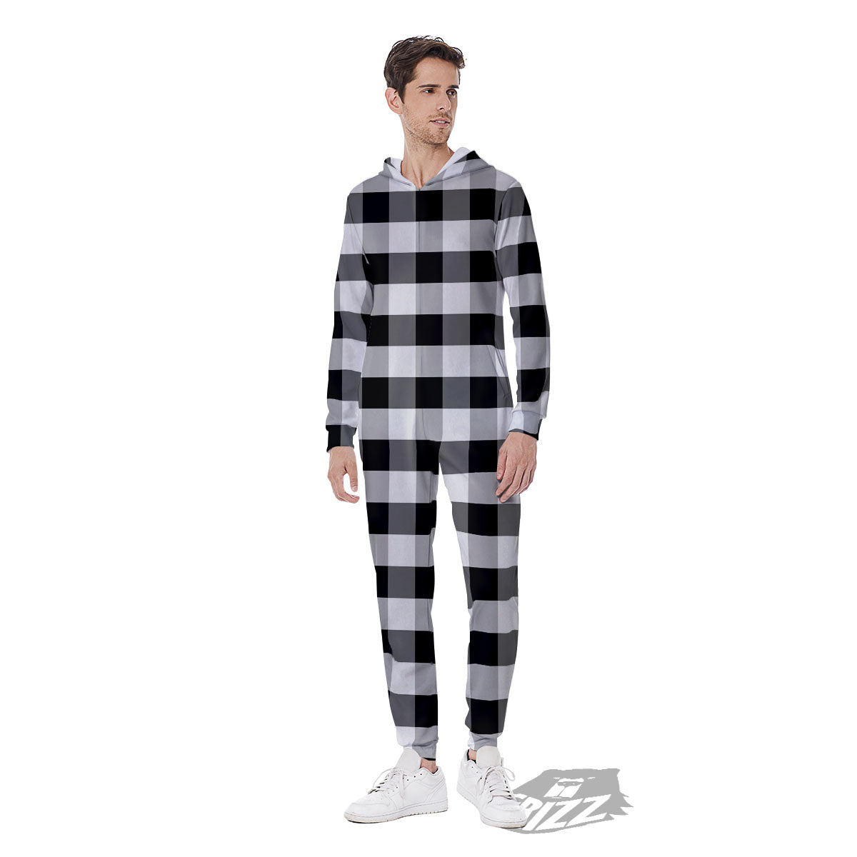 Check Black And Grey Print Pattern Men's Jumpsuit-grizzshop