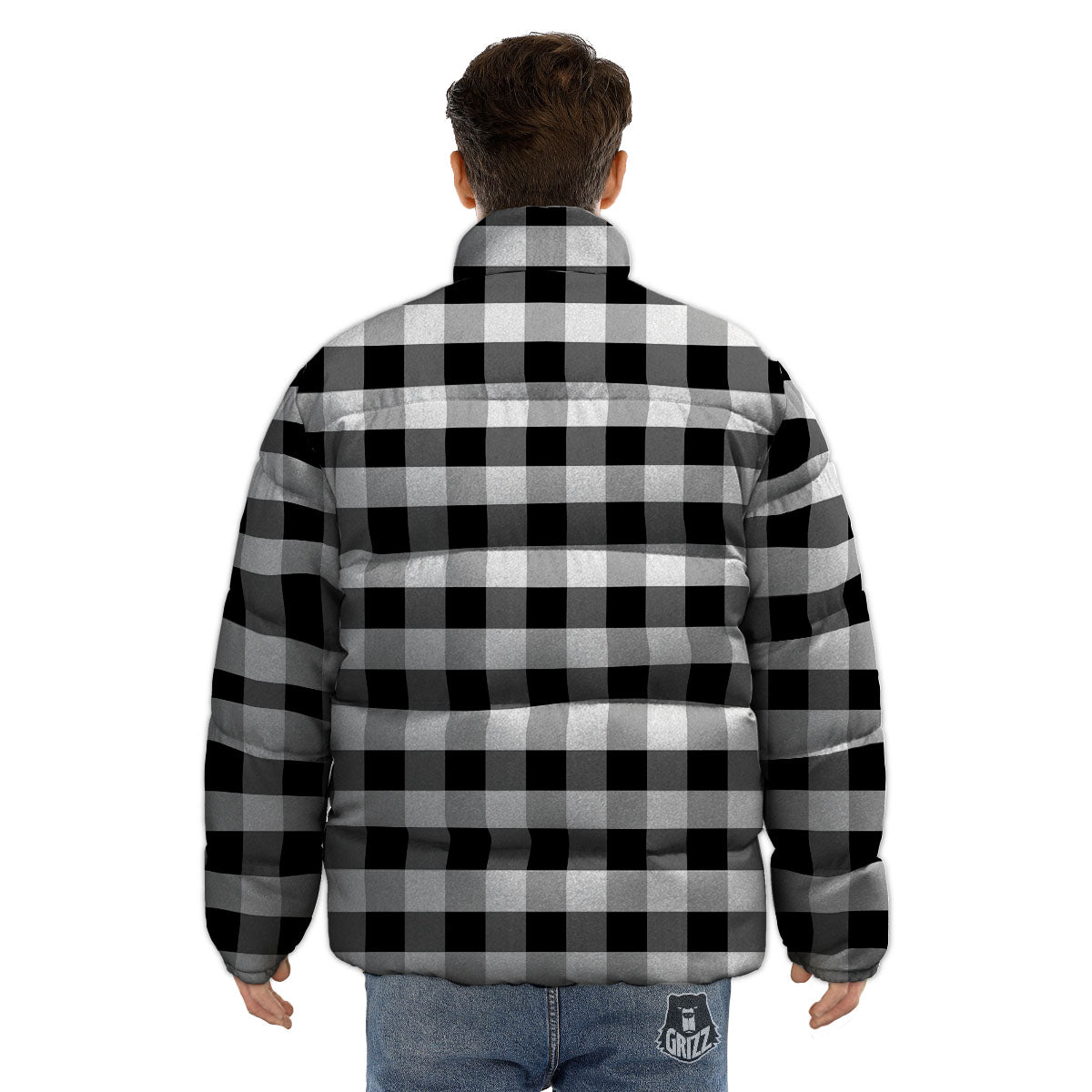 Check Black And Grey Print Pattern Puffer Jacket-grizzshop