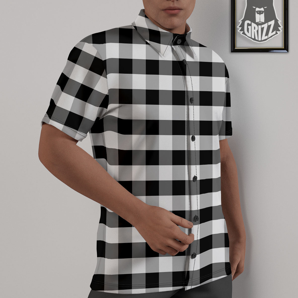 Check Black And Grey Print Pattern Untucked Shirts-grizzshop