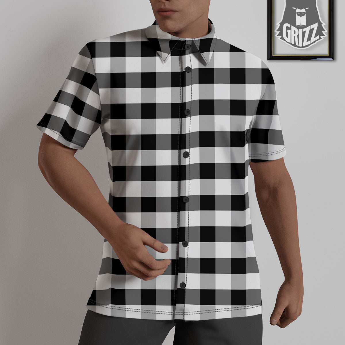 Check Black And Grey Print Pattern Untucked Shirts-grizzshop