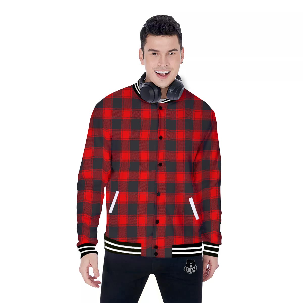 Check Black And Red Print Pattern Baseball Jacket-grizzshop