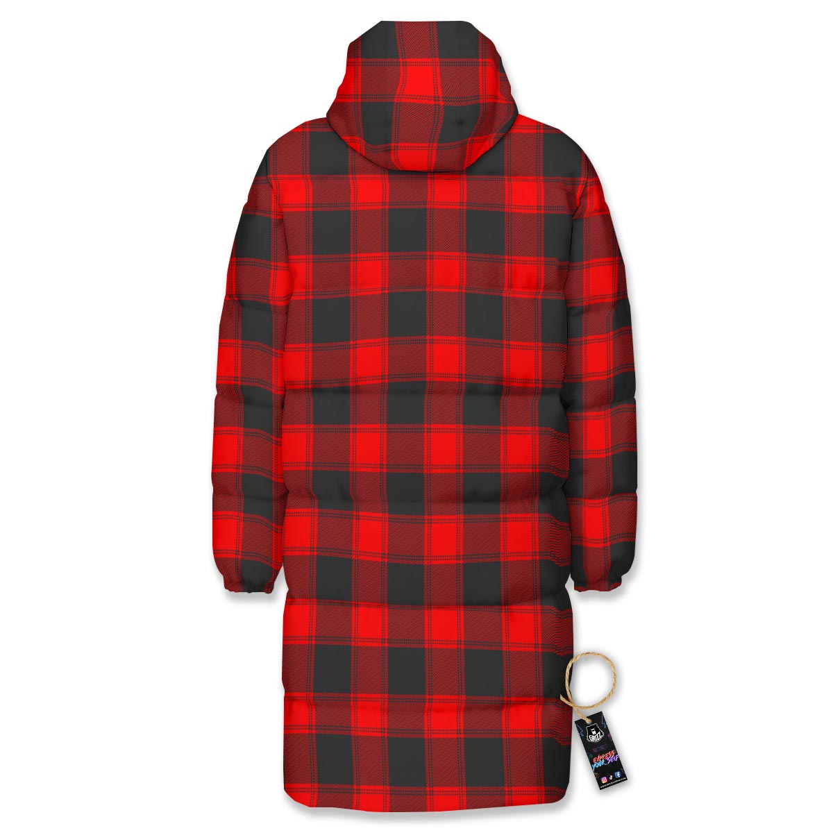 Check Black And Red Print Pattern Long Down Jacket-grizzshop