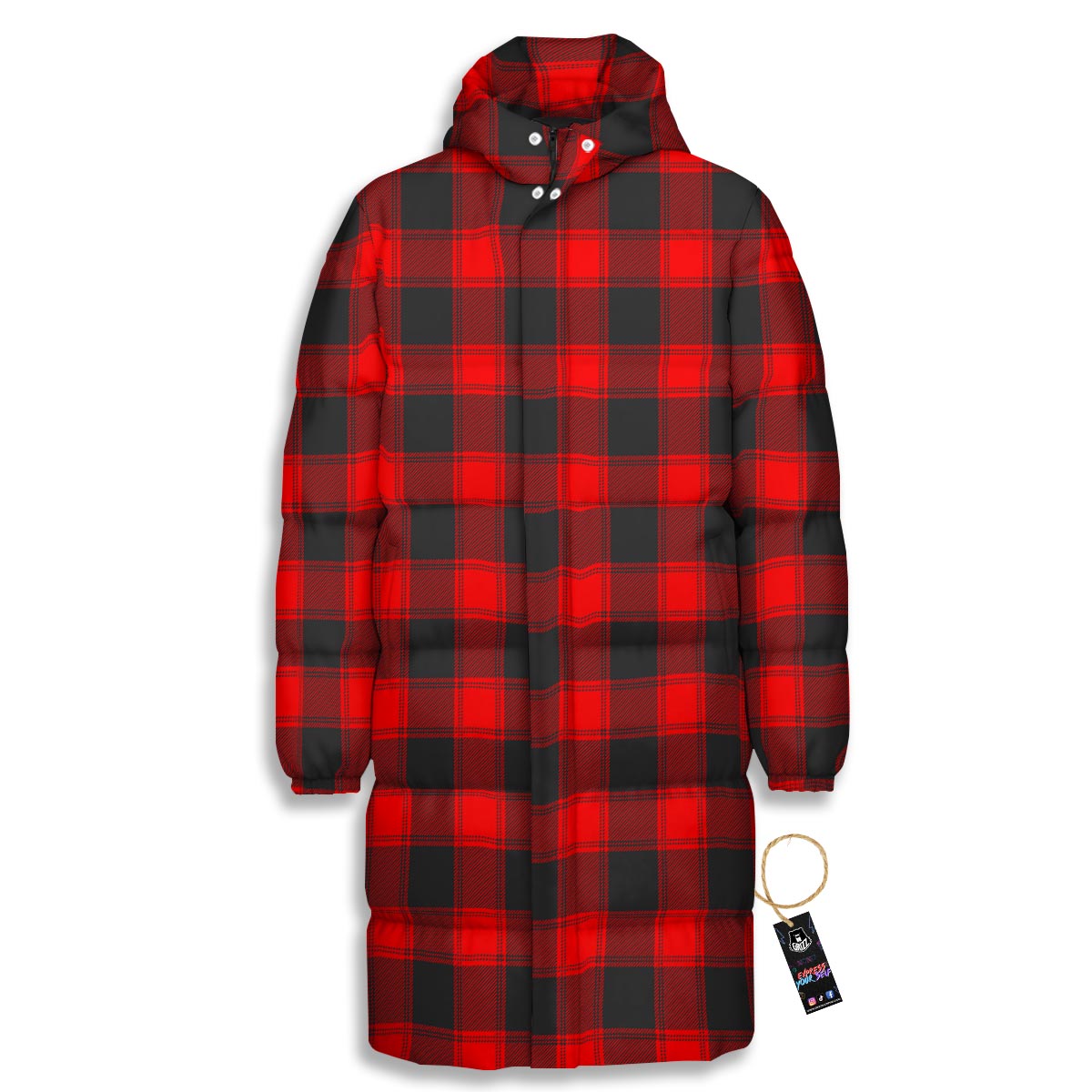 Check Black And Red Print Pattern Long Down Jacket-grizzshop