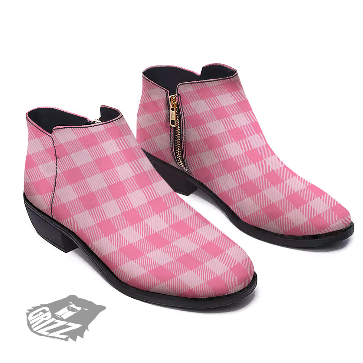 Check Pink Print Pattern Ankle Boots-grizzshop