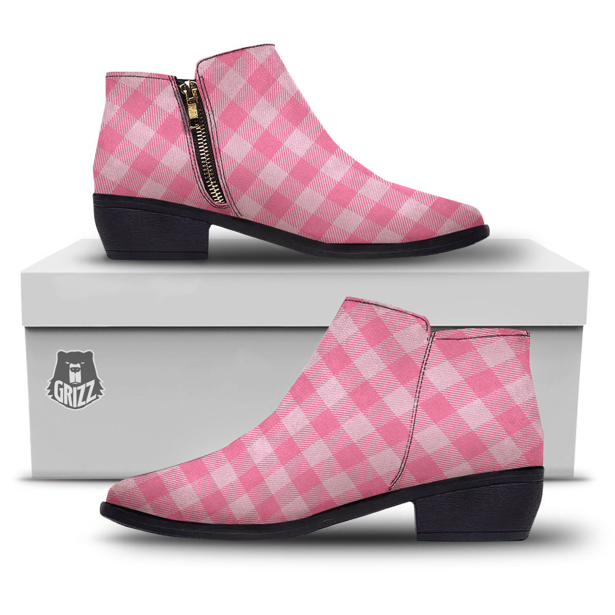 Check Pink Print Pattern Ankle Boots-grizzshop