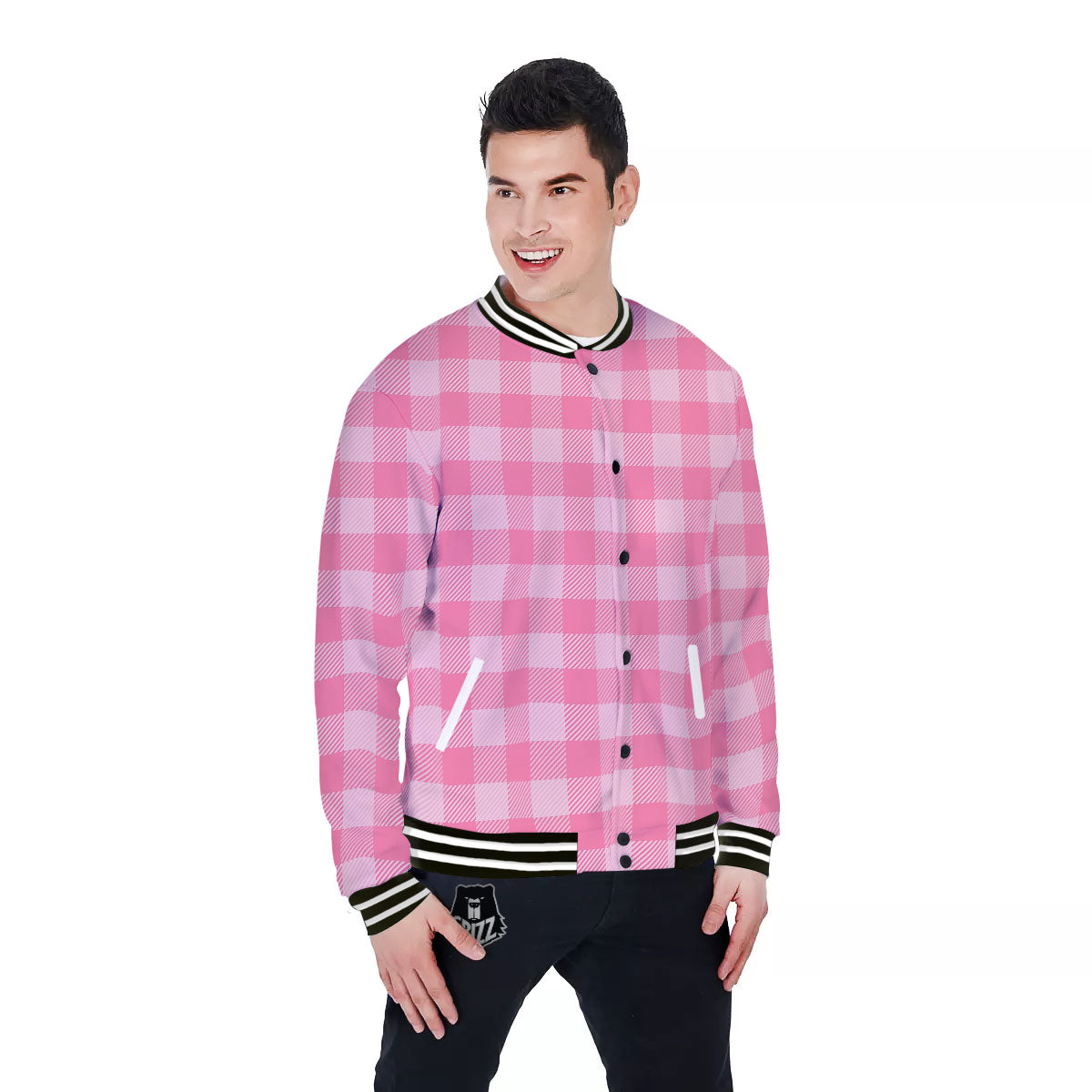 Check Pink Print Pattern Baseball Jacket-grizzshop