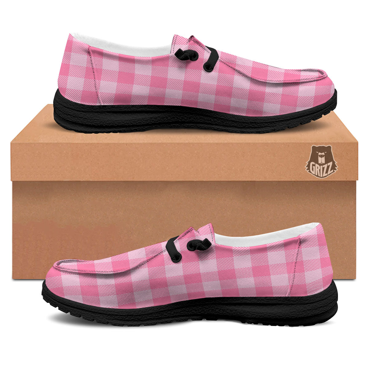 Check Pink Print Pattern Black Loafers-grizzshop