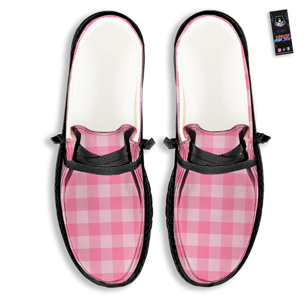 Check Pink Print Pattern Black Loafers-grizzshop