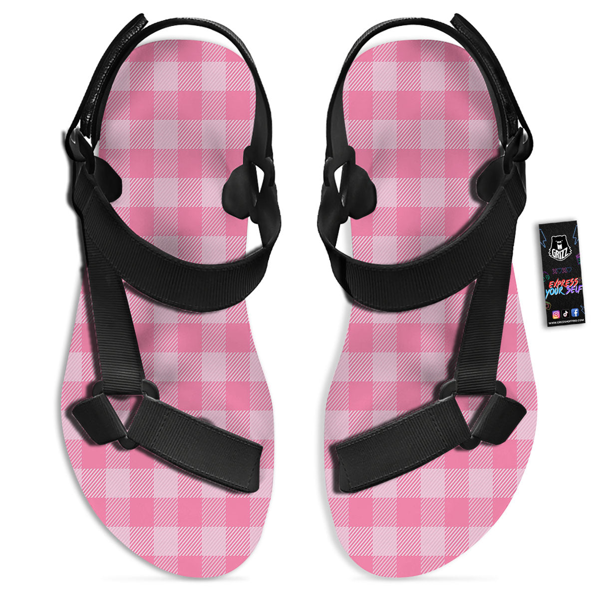 Check Pink Print Pattern Black Open Toe Sandals-grizzshop