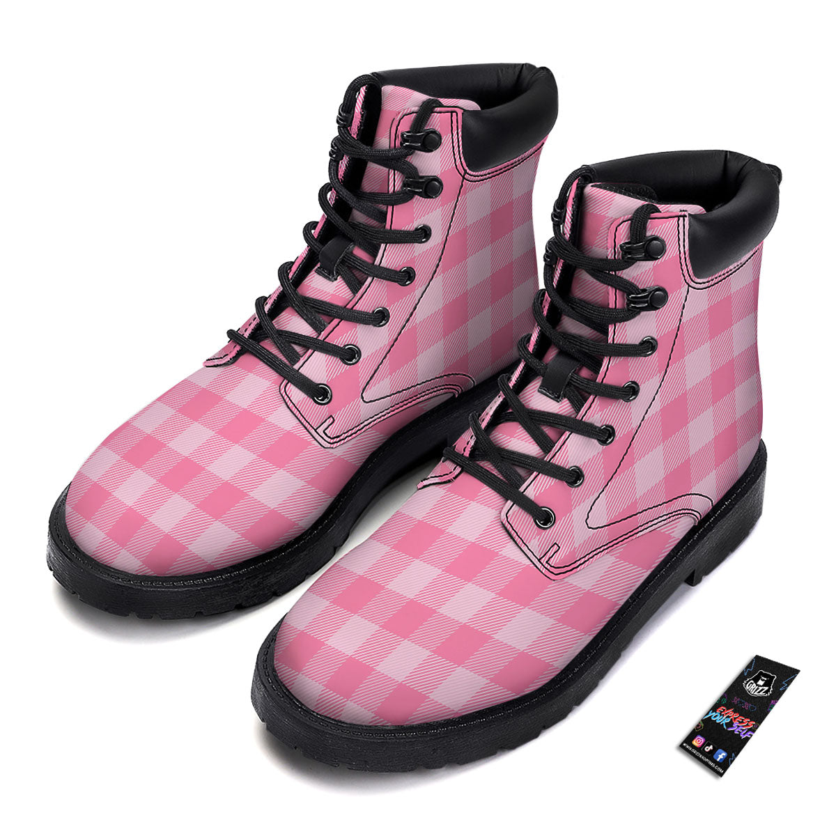 Check Pink Print Pattern Boots-grizzshop
