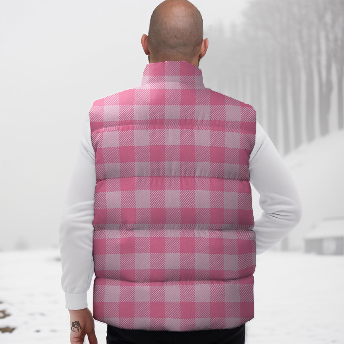 Check Pink Print Pattern Down Vest