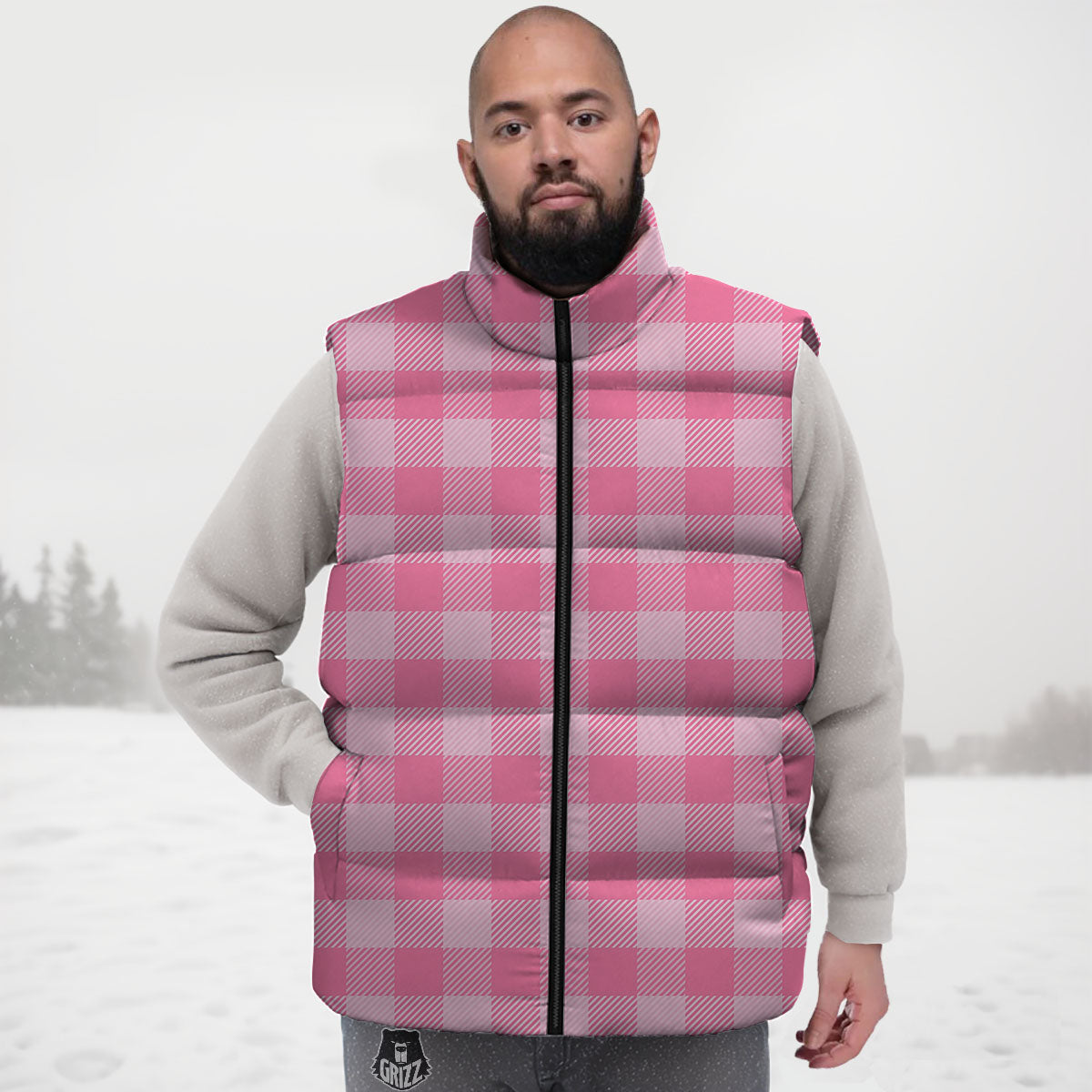 Check Pink Print Pattern Down Vest