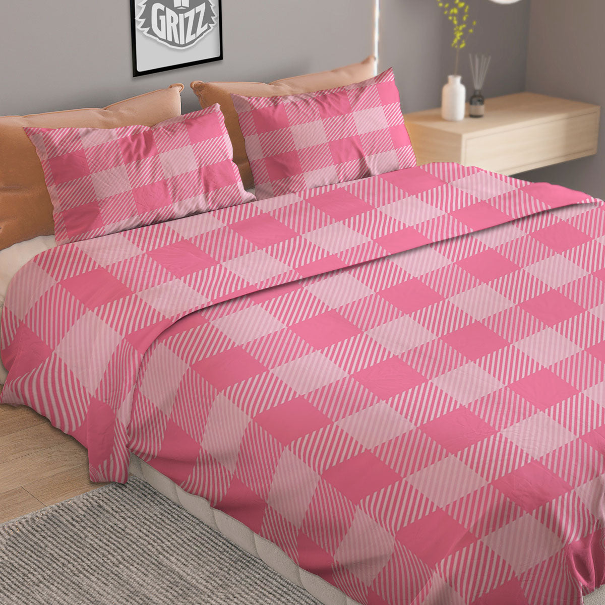 Check Pink Print Pattern Duvet Cover Bedding Set