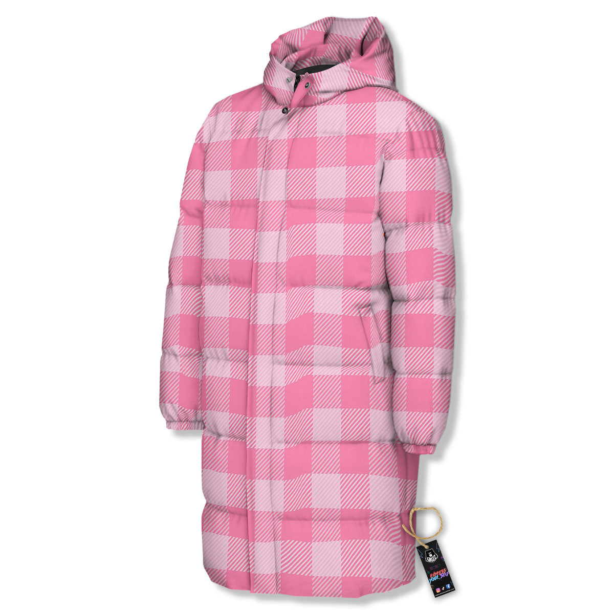 Check Pink Print Pattern Long Down Jacket-grizzshop