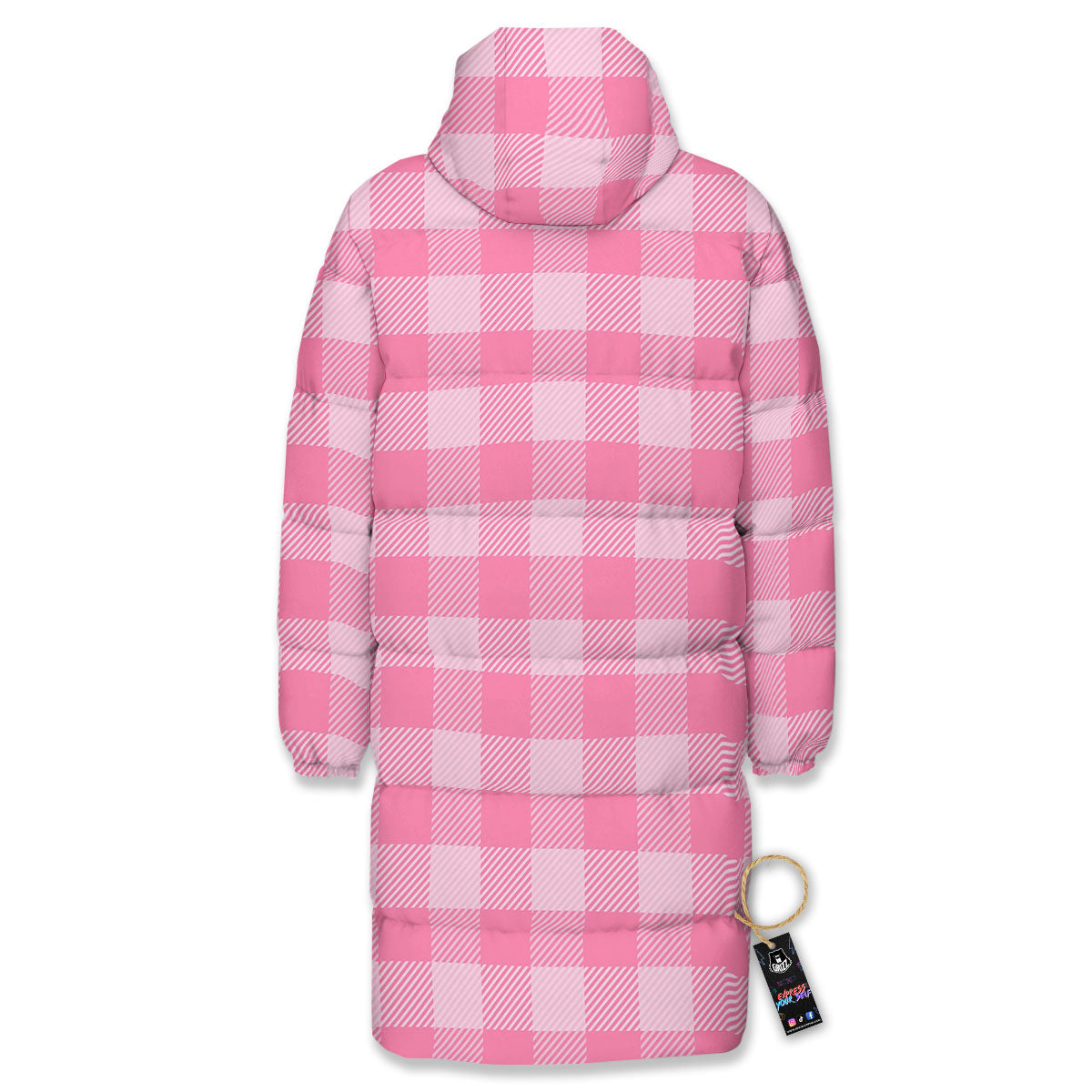Check Pink Print Pattern Long Down Jacket-grizzshop