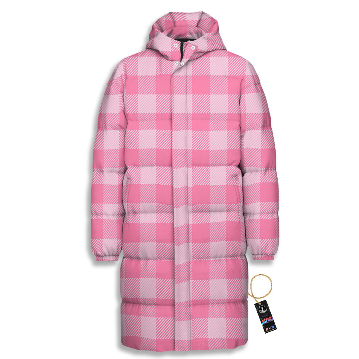 Check Pink Print Pattern Long Down Jacket-grizzshop