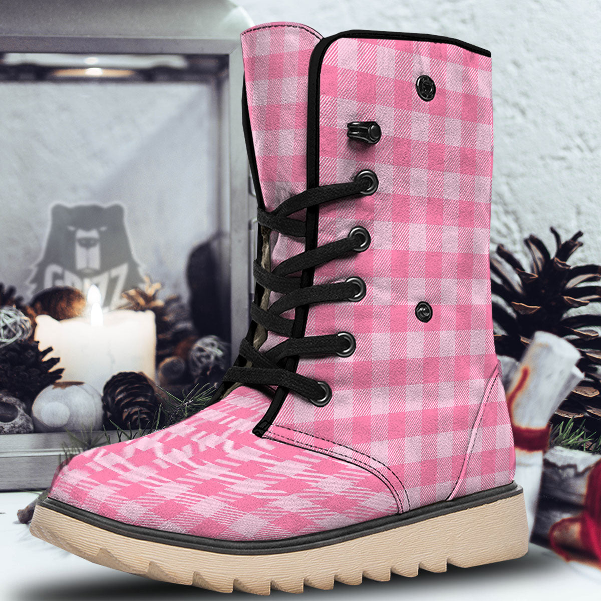 Check Pink Print Pattern Snow Boots-grizzshop