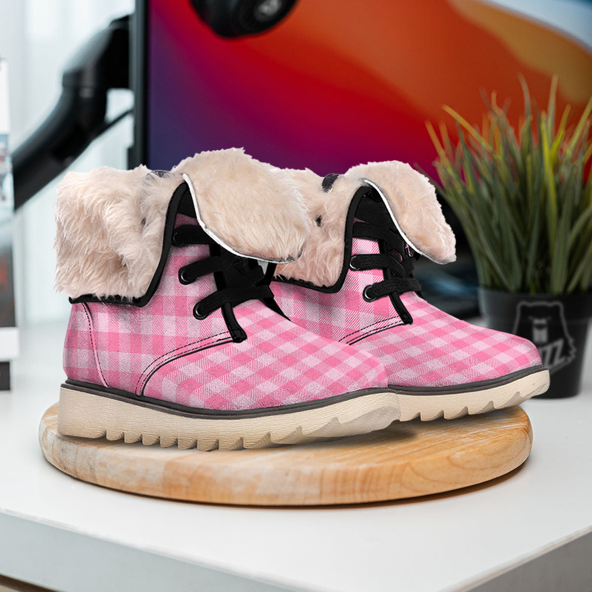 Check Pink Print Pattern Snow Boots-grizzshop